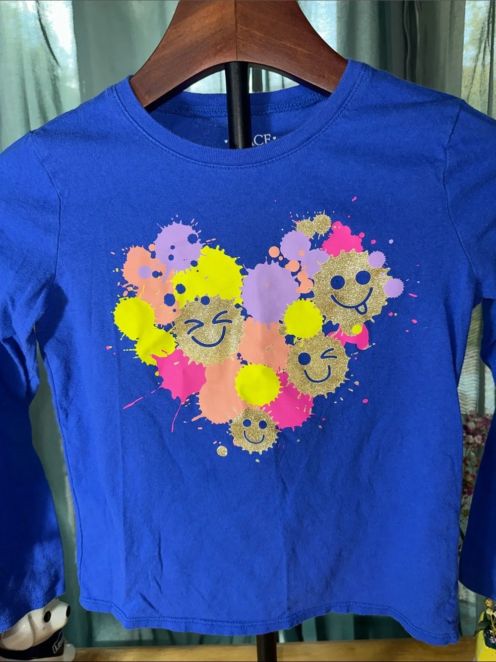 Girls' Blue Long-Sleeve Smile Heart Graphic Tee